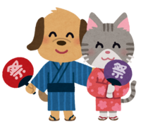 Characters of dogs and cats in yukata