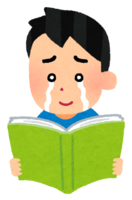 A person reading a book while crying (male)