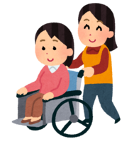 A person pushing a wheelchair on which a woman is riding