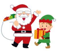 Santa and elf carrying Christmas gifts