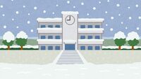 雪が降る学校の建物(背景素材)