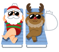 Santa and reindeer relaxing on the beach