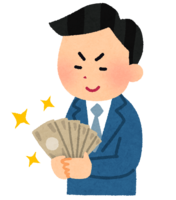 A man staring at money and grinning