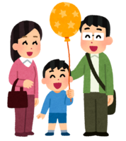 風船を持つ子供と両親(男の子)