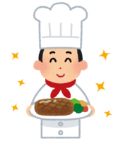 料理を差し出しているシェフ(男性)