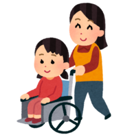 A person pushing a wheelchair on which a girl is riding