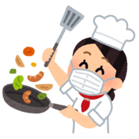 Chef (female) who cooks with various masks