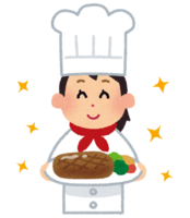 料理を差し出しているシェフ(女性)
