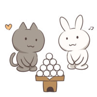 Cat and rabbit staring at the dango