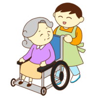Wheelchair grandmother and male staff (smile)