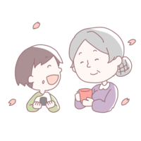 Children and grandma eating rice balls
