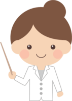 Doctor-pharmacist (female) doing a pointing pose explained with a pointer (pointer)