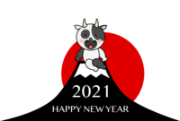 New Year's card of cow relaxing with Mt. Fuji