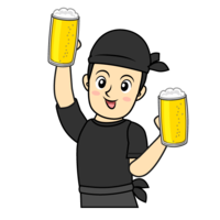 Izakaya clerk holding beer cheerfully