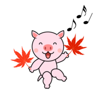 Pig character dancing with autumn leaves