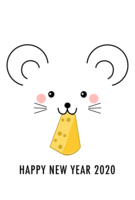 New Year's card with a mouse face biting cheese