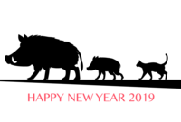 New Year's card of wild boar parent and child and cat