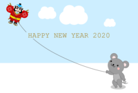 New Year's card of a mouse flying a kite