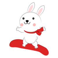 Cute rabbit jumping on a snowboard