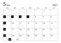May 2021 calendar (black and white)