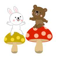 Rabbit and bear sitting on mushrooms