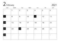 2021年2月カレンダー(白黒)