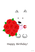 Birthday card of dog with a gift bouquet