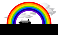 Passenger ship sailing in the rainbow