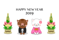 着物を着た猪と白猫の新年挨拶年賀状
