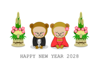 用和服新年问候的猴子夫妇的贺年卡