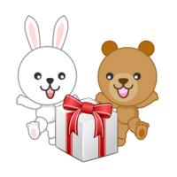 プレゼントを喜ぶクマとウサギ