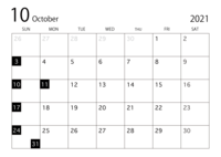 2021年10月カレンダー(白黒)