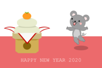 New Year's card of a mouse frolicking in Kagami mochi