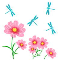 Cosmos flowers and dragonflies