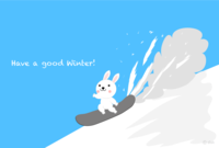 Winter visit of a rabbit gliding on a snowboard