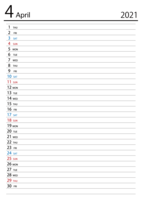 April 2021 schedule calendar