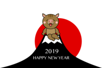 富士山初日の出と可愛い猪の年賀状