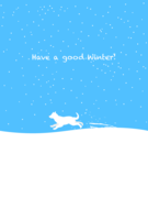 Postcard for winter greetings of a white dog frolicking in the snow