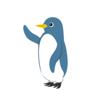 手を上げる青いペンギンキャラ