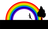 Rainbow over a girl running in the meadow