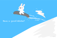 Winter visit of a rabbit jumping on a snowboard
