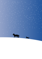 Background image of a fox parent and child walking in a snowy field