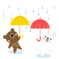 雨にはしゃぐクマとウサギ