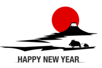 New Year's card of wild boar parent and child running on Mt. Fuji and Hirono at the first sunrise