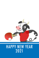 New Year's card of cow playing table tennis
