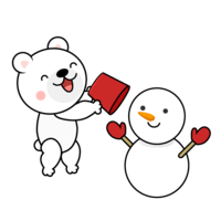 Polar bear character making a snowman