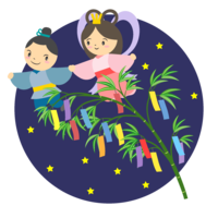 夜空の七夕短冊と織姫彦星