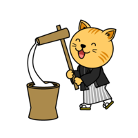 餅つきするトラ猫キャラ