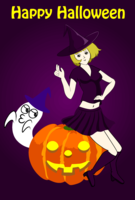 Halloween card of witch and pumpkin