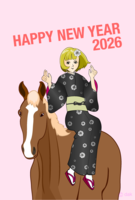New Year's card of a kimono girl riding a horse